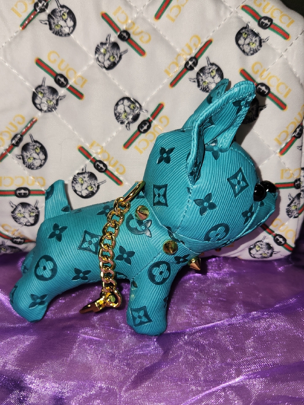 Teal Dog Charm with Gold Chain and Studs